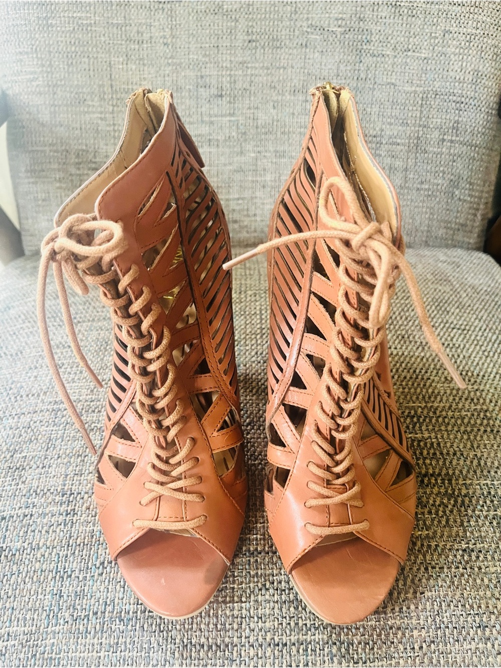 Nine West Women's Lace-Up Cutout Peep-Toe Heels in Tan 7M
